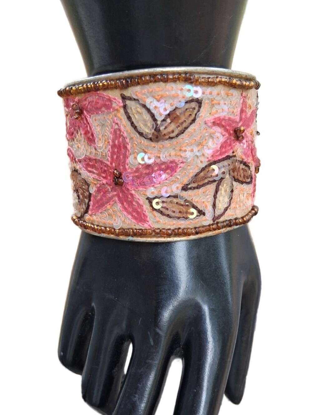 Vintage Beaded Sequined Floral Cuff Bracelet Pink Gold Boho Statement Metal